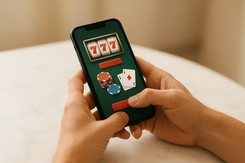 Close-up hands holding smartphone with casino app on marble surface