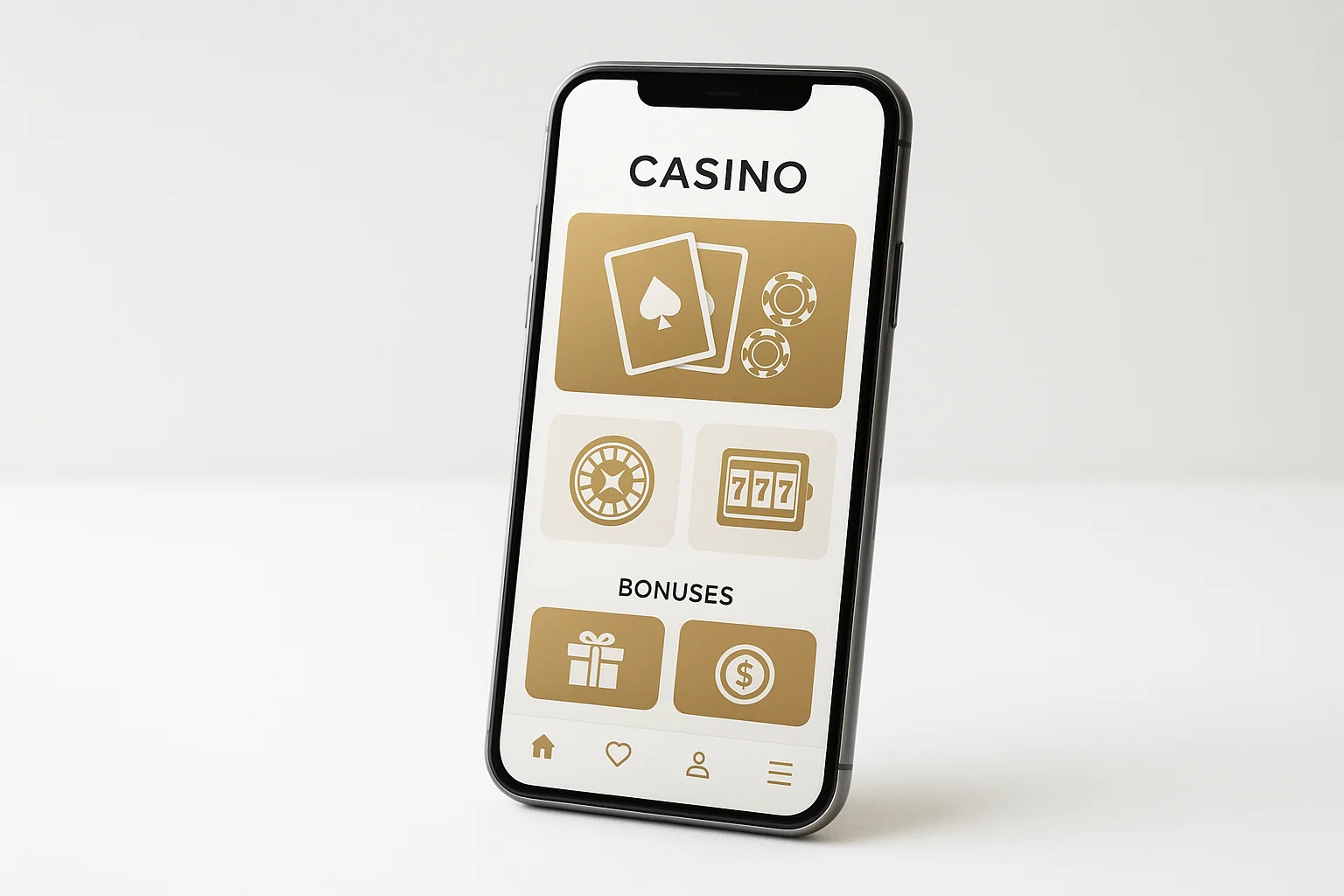 Modern smartphone displaying sleek casino app games and bonuses on white background