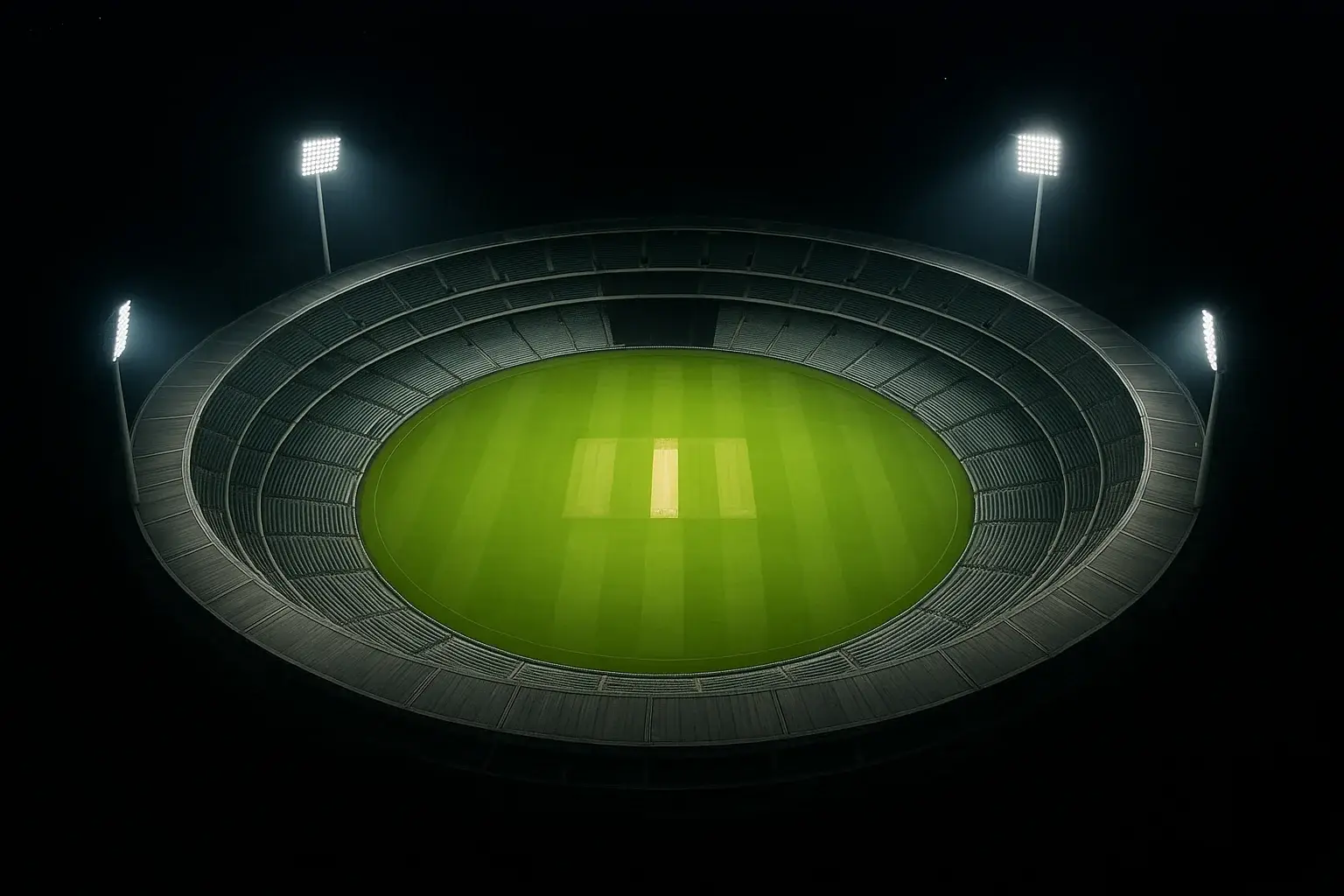 Aerial night view of cricket stadium with floodlights and vibrant green pitch