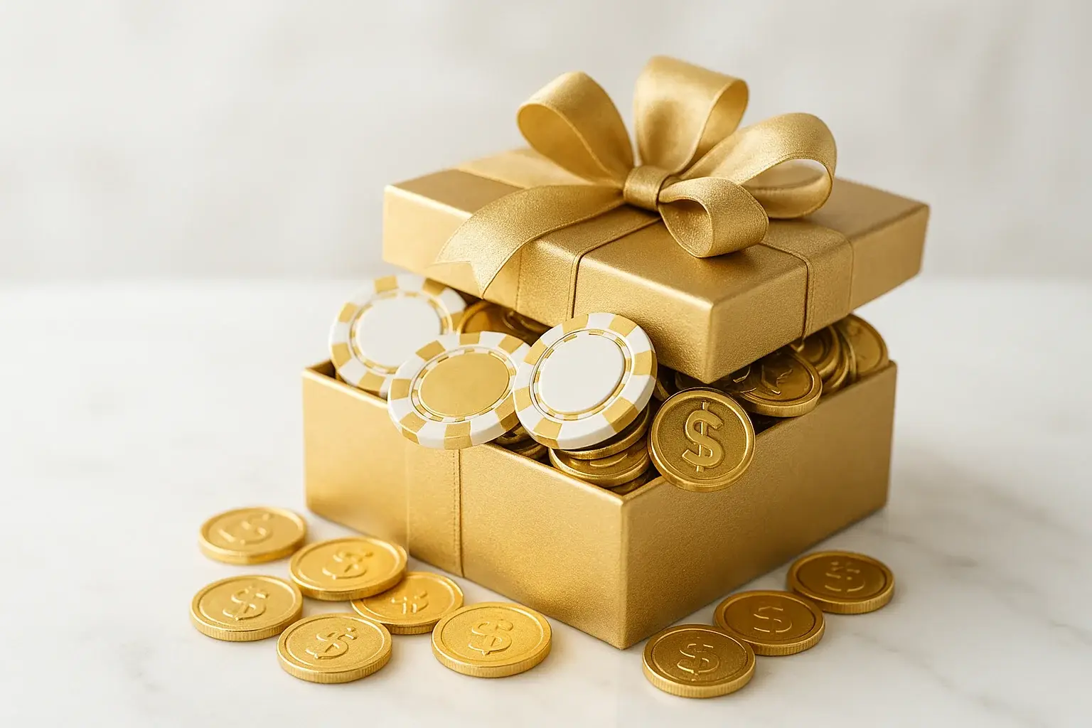 Golden gift box overflowing with poker chips and gold coins