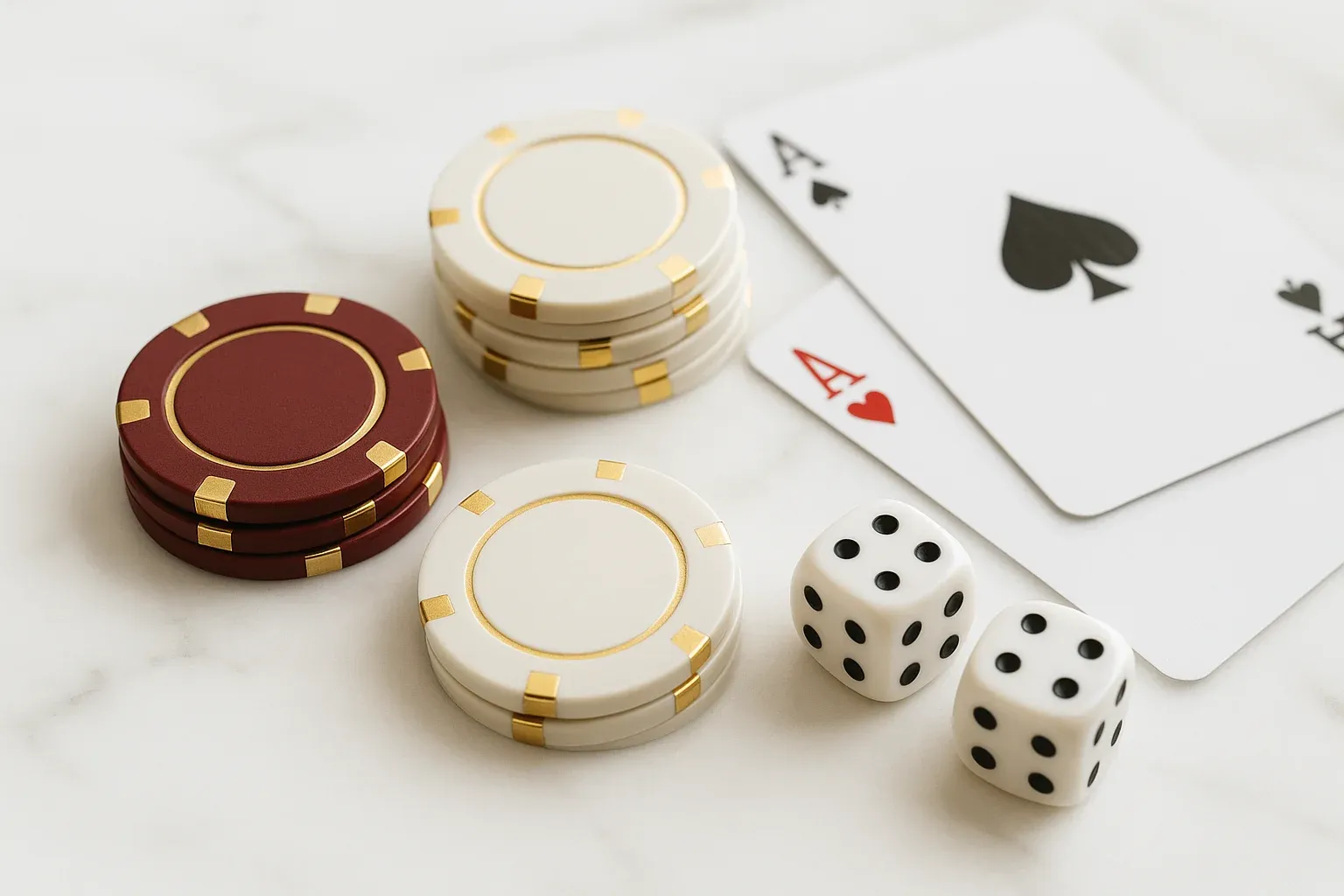Elegant casino chips, cards and dice on white marble with gold accents
