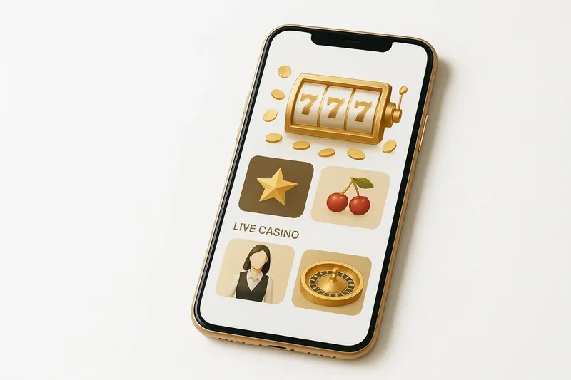 Mobile phone displaying casino app with slots and live games