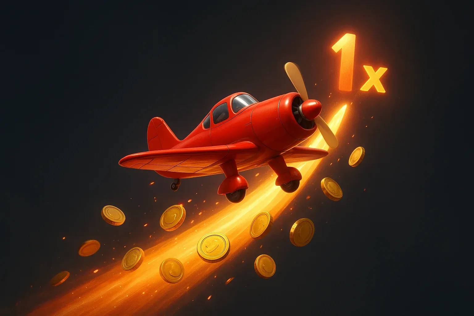 Aviator Crash Game Red airplane climbing with glowing multiplier trail, coins, sparks, neon accents