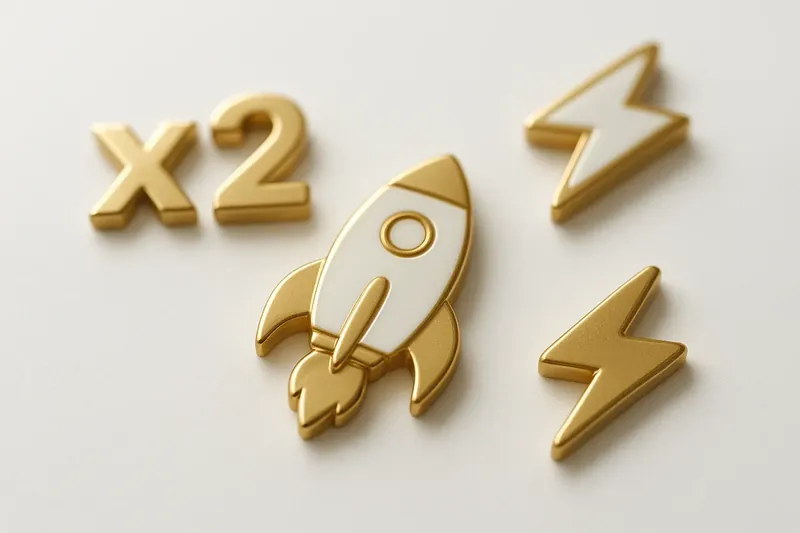 Gold and white instant game icons with rocket, multiplier, lightning bolts