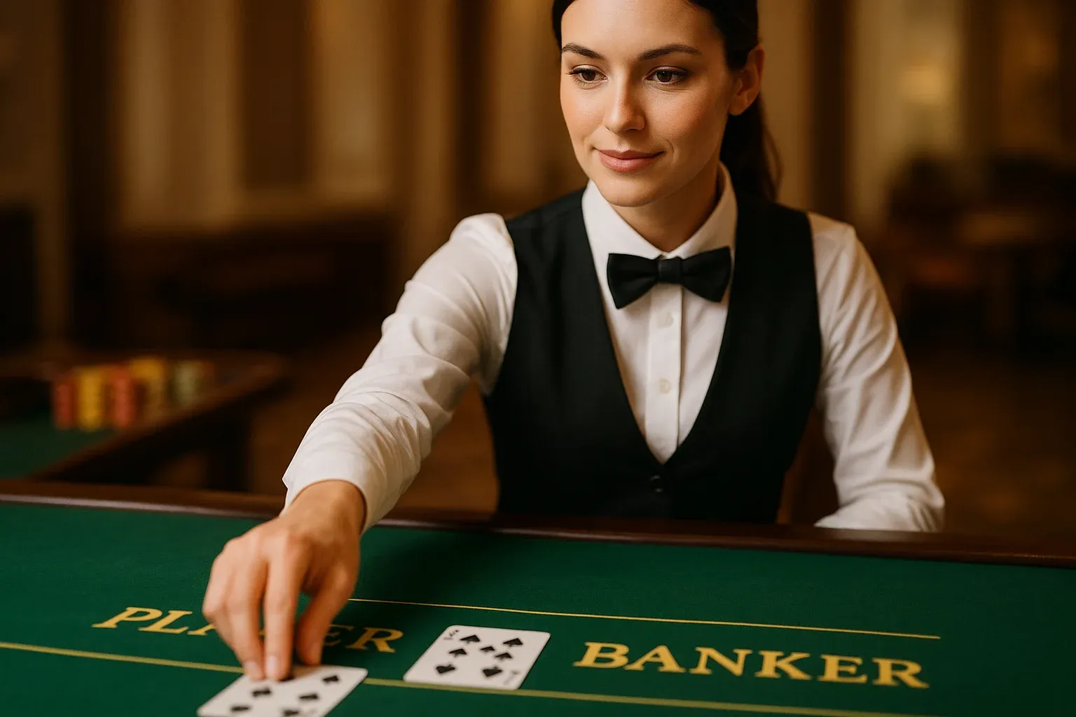 Professional female dealer at elegant live baccarat table with green felt