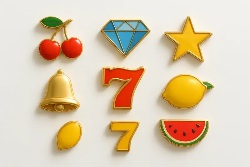 Assorted casino slot icons with fruit, diamonds, lucky 7s, stars