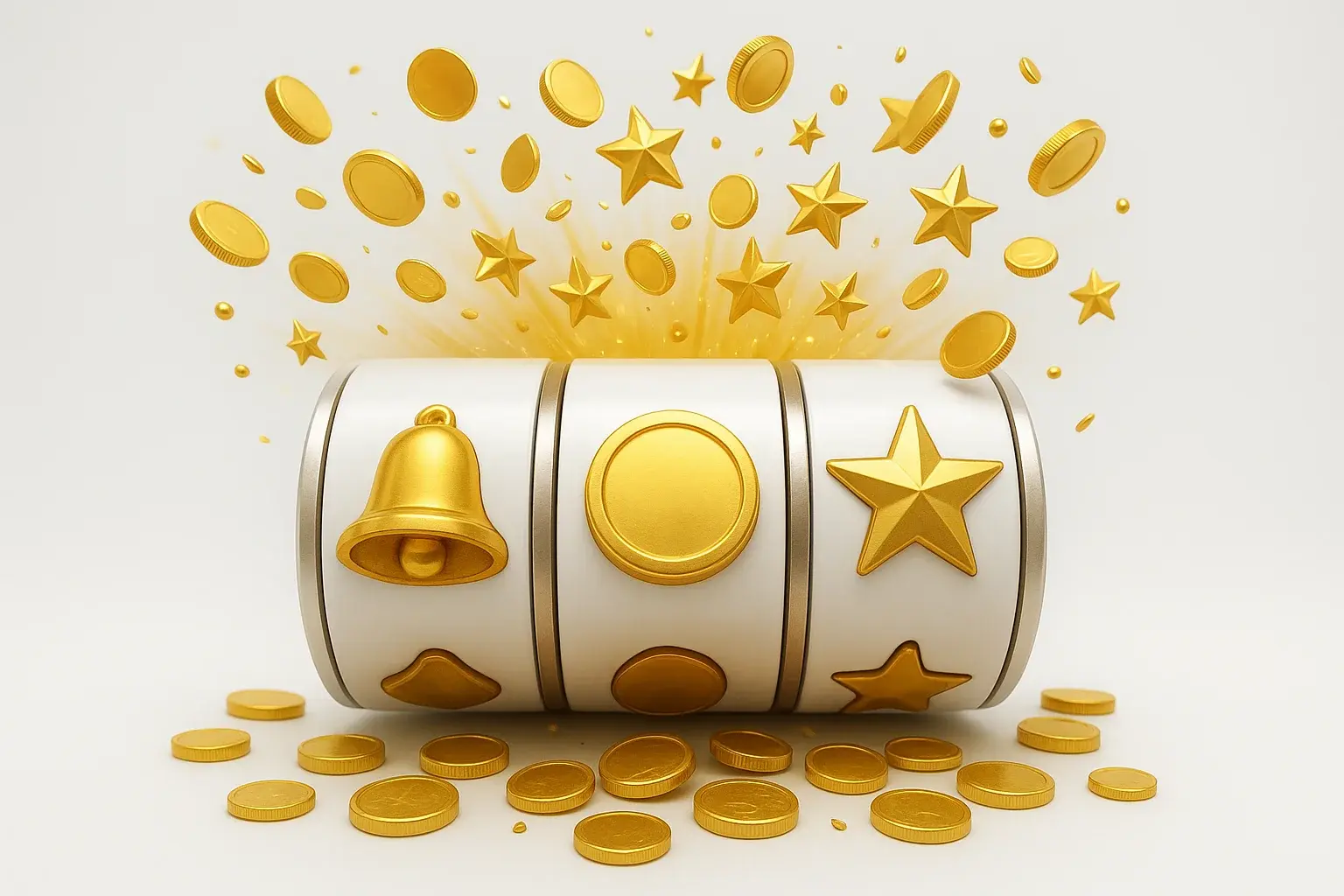 Colorful slot machine reels with gold symbols, coins and stars exploding
